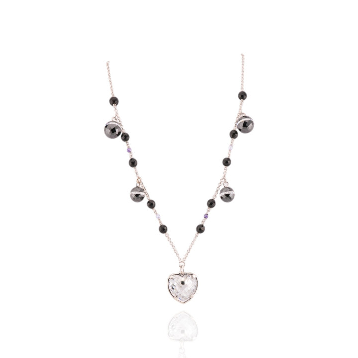 Collana Di Argento 925 Con Zirconi Neri Pendenti E Onice Sfaccettato Con Pendente Cuore 44,5cm