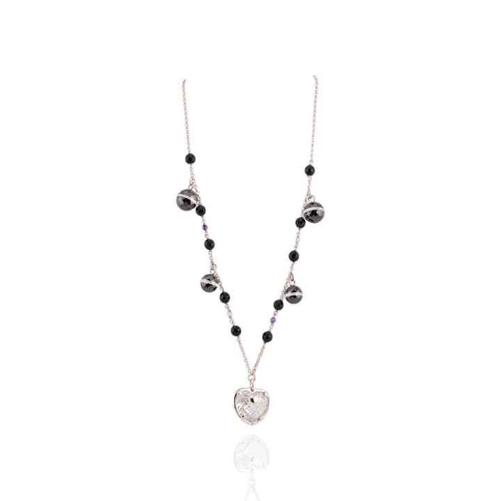 Collana Di Argento 925 Con Zirconi Neri Pendenti E Onice Sfaccettato Con Pendente Cuore 44,5cm