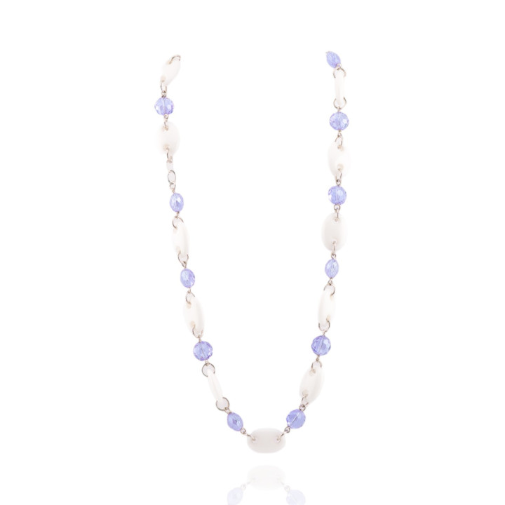 Collana Di Argento 925 Con Zirconi Viola Glicine E Agata Bianca Maglia Marinara Con Moschettone 51cm