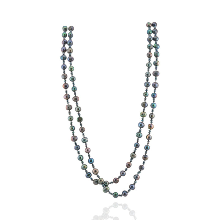 Collana Di Perle Di Fiume Peacock Rigate E Riso Con Nodini 176cm