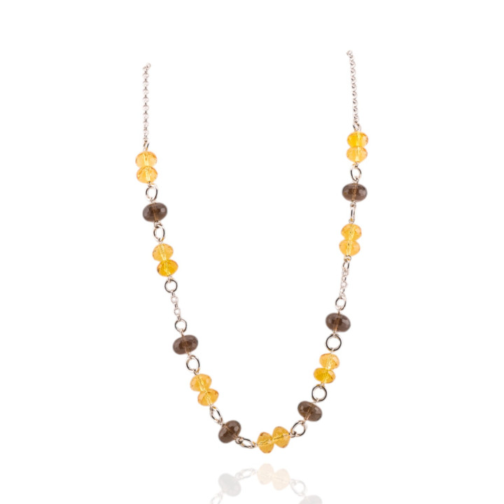 Collana In Argento 925 Con Catena Rolò E Zirconi Sfaccettati Giallo E Fumè 53cm + 7,5cm