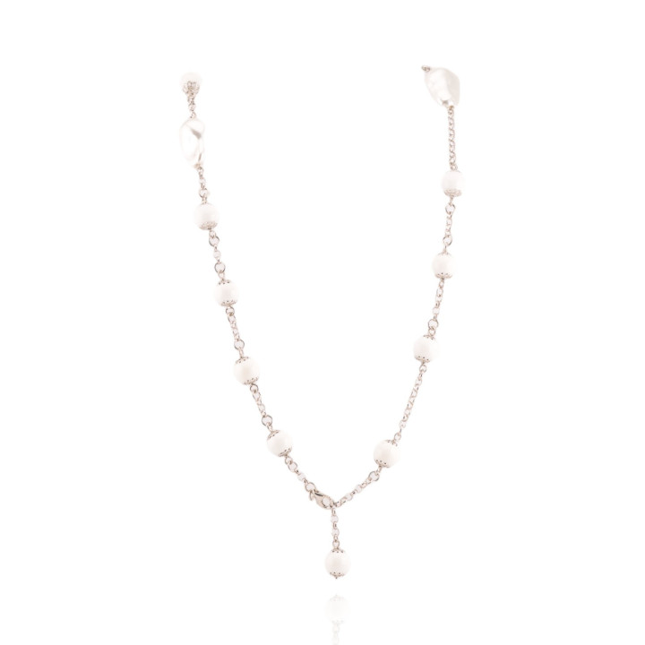 Collana In Argento 925 Placcato Oro Rosa A 3 Fili Agata Bianca 10mm 14,5cm + 4cm