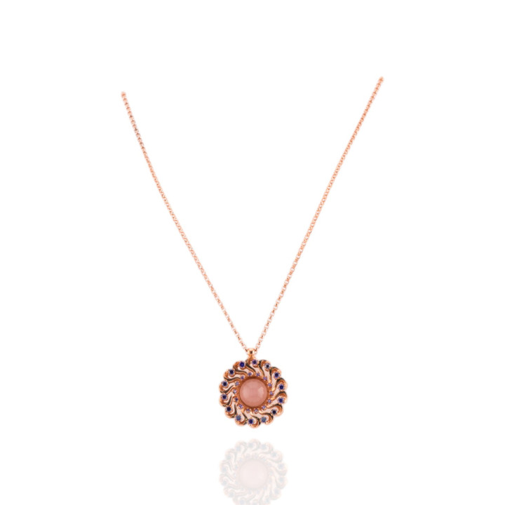 Collana In Argento 925Con Pendente Tondo In Occhio Di Gatto E Zirconi Lunga 82+3cm