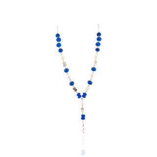 Collana Di Argento 925 Con Agata Blu Perle Di Fiume E Zirconi 59cm + 6cm