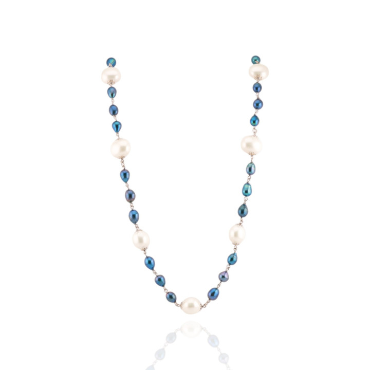 Collana Di Argento 925 Con Perle Di Fiume Peacock E Perle Di Maiorca 90cm