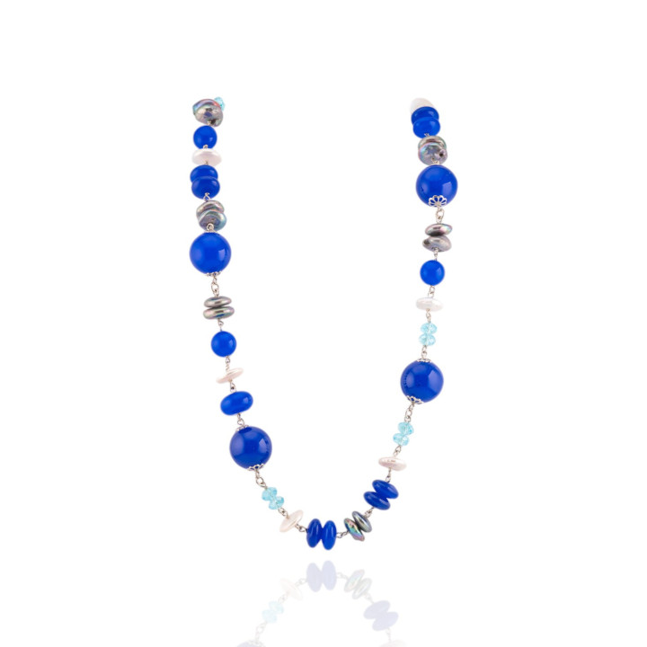 Collana Di Argento 925 Con Perle Di Maiorca, Giada Coreana Blu