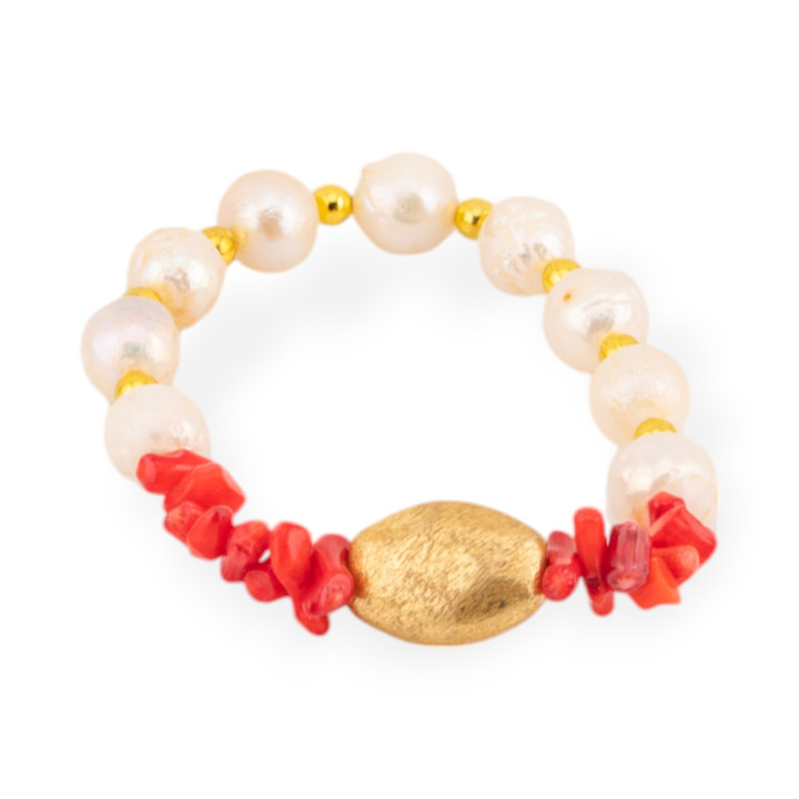 Bracciale Di Perle Di Fiume Barocche Con Corallo Bamboo E Bronzo Rosso