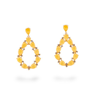 Orecchini Di Bronzo A Perno Con Occhio Di Gatto Incastonato Goccia Con Zirconi 25,5x44mm Dorato Giallo