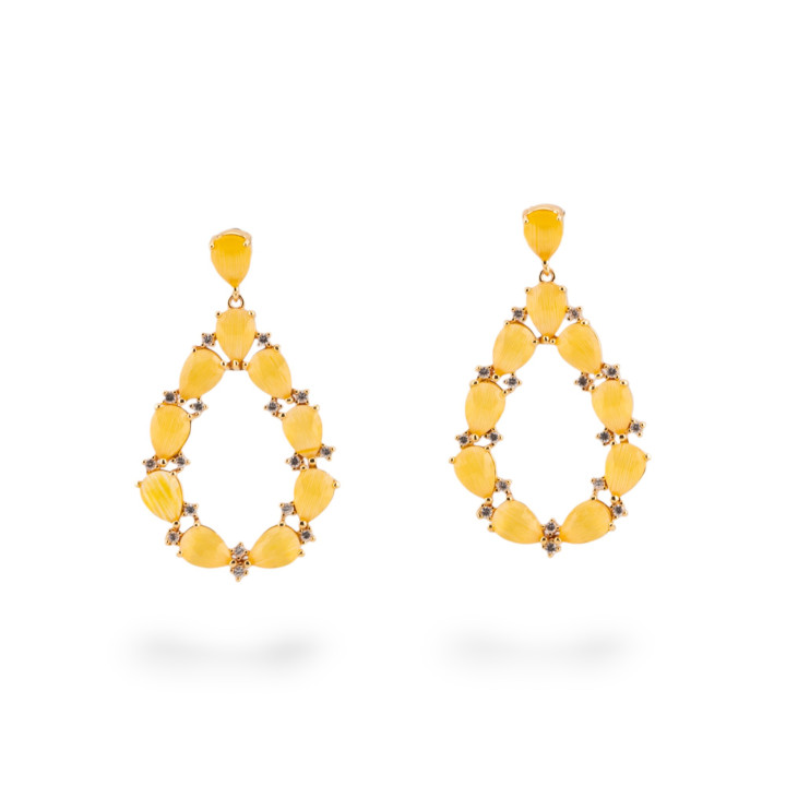 Orecchini Di Bronzo A Perno Con Occhio Di Gatto Incastonato Goccia Con Zirconi 25,5x44mm Dorato Giallo