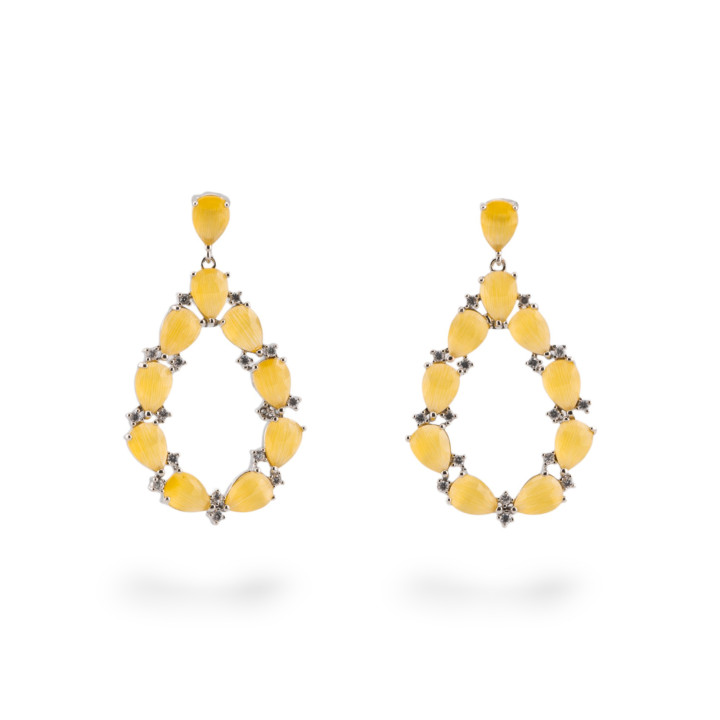 Orecchini Di Bronzo A Perno Con Occhio Di Gatto Incastonato Goccia Con Zirconi 25,5x44mm Rodiato Giallo