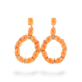 Orecchini Di Bronzo A Perno Con Occhio Di Gatto Incastonato Ovale Con Zirconi 25,5x42mm Dorato Arancio