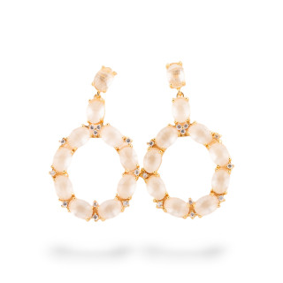 Orecchini Di Bronzo A Perno Con Occhio Di Gatto Incastonato Ovale Con Zirconi 25,5x42mm Dorato Bianco