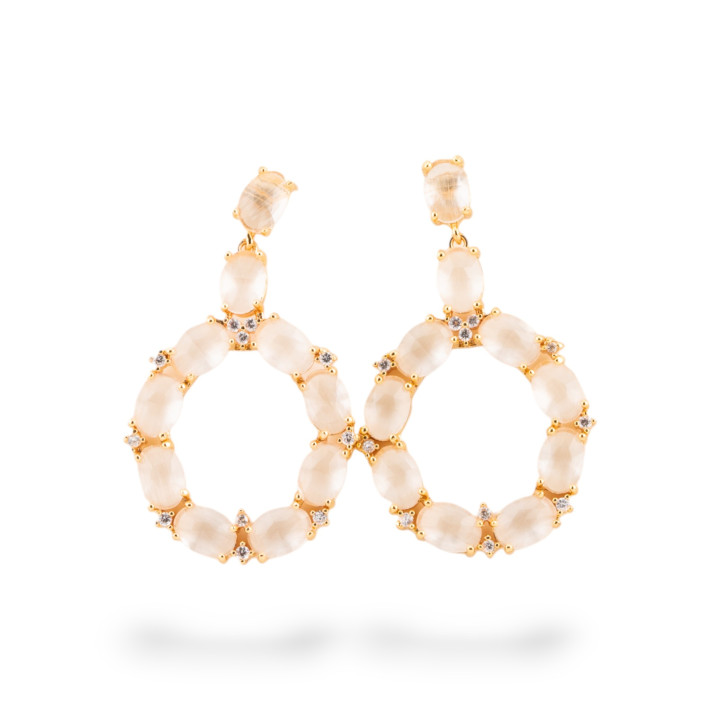 Orecchini Di Bronzo A Perno Con Occhio Di Gatto Incastonato Ovale Con Zirconi 25,5x42mm Dorato Bianco