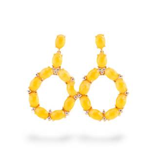 Orecchini Di Bronzo A Perno Con Occhio Di Gatto Incastonato Ovale Con Zirconi 25,5x42mm Dorato Giallo