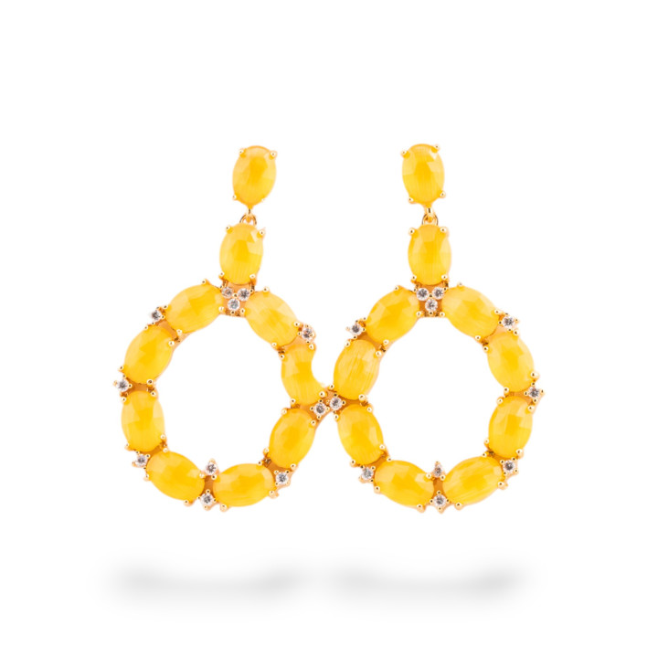 Orecchini Di Bronzo A Perno Con Occhio Di Gatto Incastonato Ovale Con Zirconi 25,5x42mm Dorato Giallo