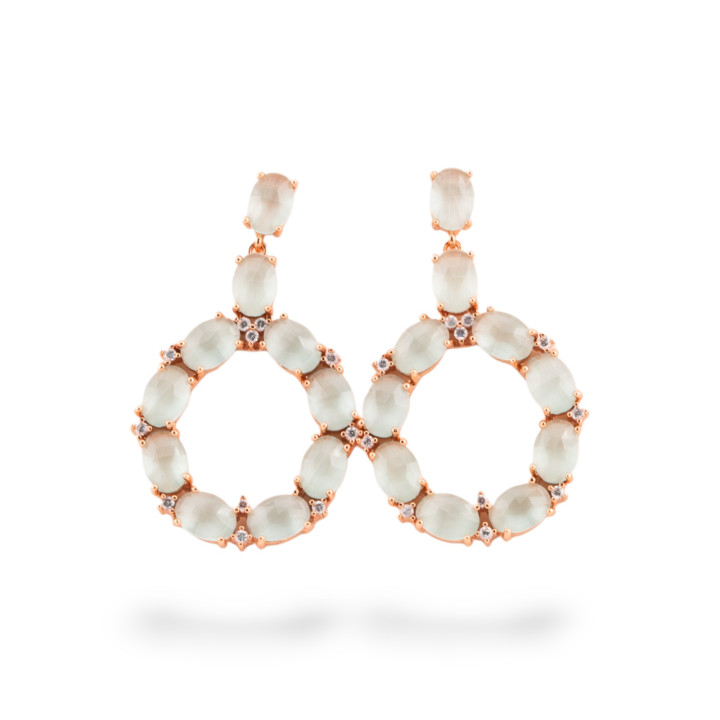 Orecchini Di Bronzo A Perno Con Occhio Di Gatto Incastonato Ovale Con Zirconi 25,5x42mm Dorato Grigio