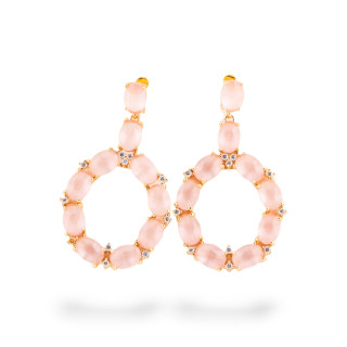 Orecchini Di Bronzo A Perno Con Occhio Di Gatto Incastonato Ovale Con Zirconi 25,5x42mm Dorato Rosa