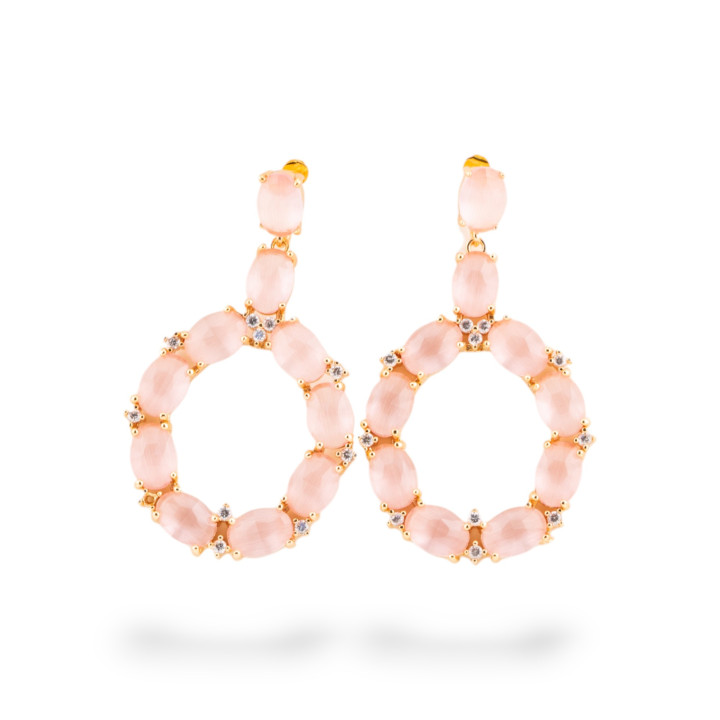 Orecchini Di Bronzo A Perno Con Occhio Di Gatto Incastonato Ovale Con Zirconi 25,5x42mm Dorato Rosa