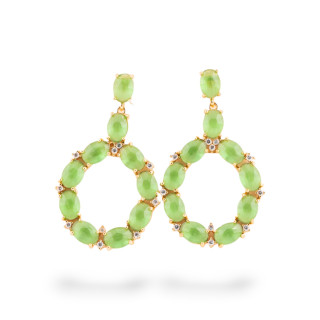 Orecchini Di Bronzo A Perno Con Occhio Di Gatto Incastonato Ovale Con Zirconi 25,5x42mm Dorato Verde Chiaro