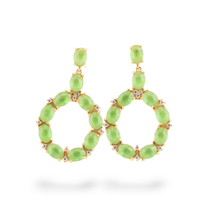 Orecchini Di Bronzo A Perno Con Occhio Di Gatto Incastonato Ovale Con Zirconi 25,5x42mm Dorato Verde Chiaro