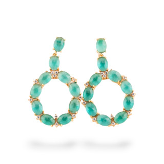 Orecchini Di Bronzo A Perno Con Occhio Di Gatto Incastonato Ovale Con Zirconi 25,5x42mm Dorato Verde Smeraldo