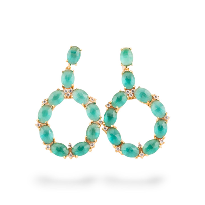 Orecchini Di Bronzo A Perno Con Occhio Di Gatto Incastonato Ovale Con Zirconi 25,5x42mm Dorato Verde Smeraldo