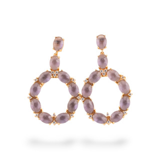 Orecchini Di Bronzo A Perno Con Occhio Di Gatto Incastonato Ovale Con Zirconi 25,5x42mm Dorato Viola