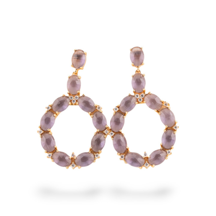 Orecchini Di Bronzo A Perno Con Occhio Di Gatto Incastonato Ovale Con Zirconi 25,5x42mm Dorato Viola