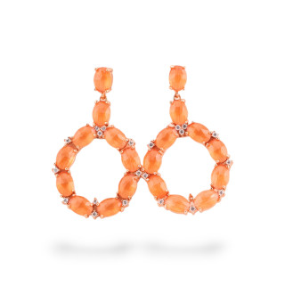 Orecchini Di Bronzo A Perno Con Occhio Di Gatto Incastonato Ovale Con Zirconi 25,5x42mm Oro Rosa Arancio