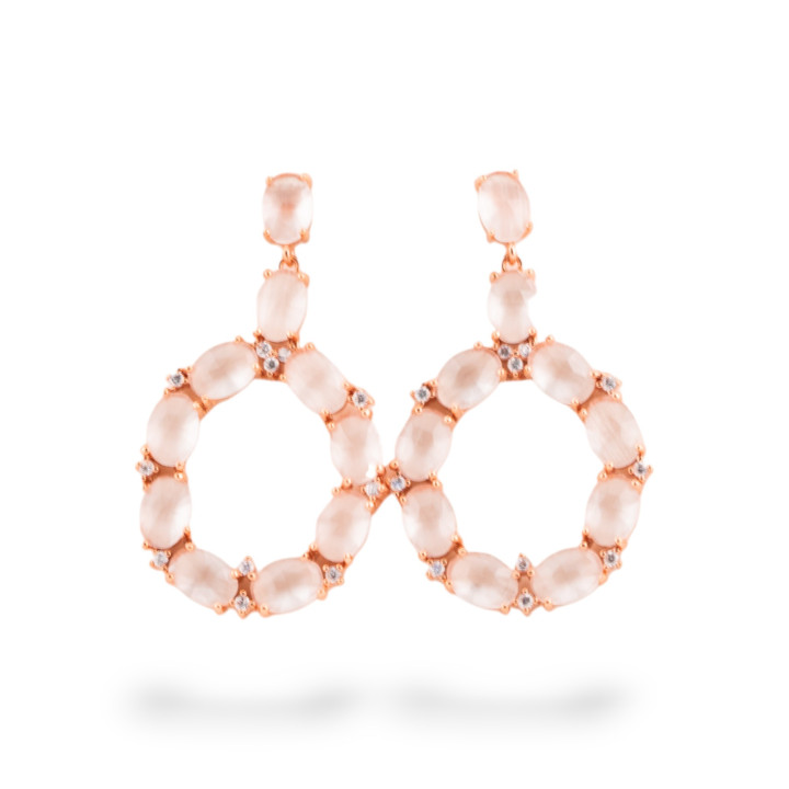 Orecchini Di Bronzo A Perno Con Occhio Di Gatto Incastonato Ovale Con Zirconi 25,5x42mm Oro Rosa Bianco