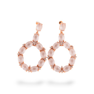 Orecchini Di Bronzo A Perno Con Occhio Di Gatto Incastonato Ovale Con Zirconi 25,5x42mm Oro Rosa Grigio