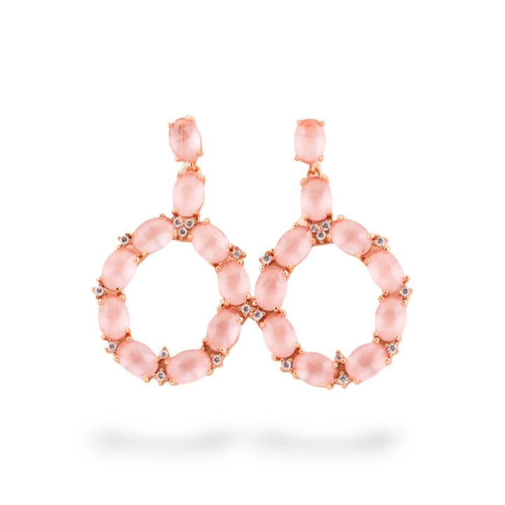 Orecchini Di Bronzo A Perno Con Occhio Di Gatto Incastonato Ovale Con Zirconi 25,5x42mm Oro Rosa Rosa