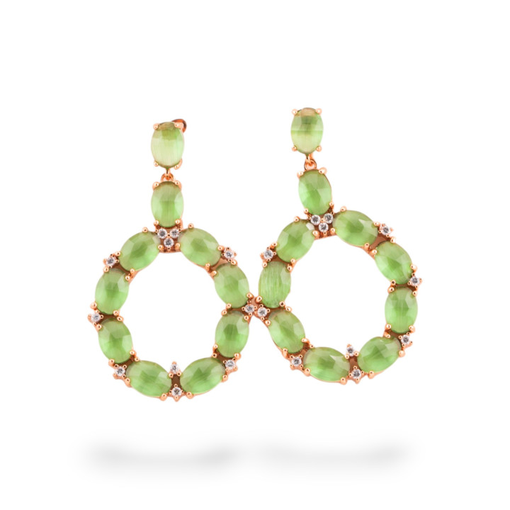 Orecchini Di Bronzo A Perno Con Occhio Di Gatto Incastonato Ovale Con Zirconi 25,5x42mm Oro Rosa Verde Chiaro