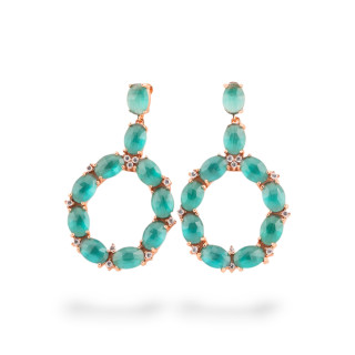 Orecchini Di Bronzo A Perno Con Occhio Di Gatto Incastonato Ovale Con Zirconi 25,5x42mm Oro Rosa Verde Smeraldo