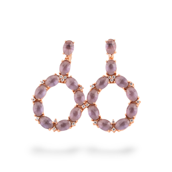 Orecchini Di Bronzo A Perno Con Occhio Di Gatto Incastonato Ovale Con Zirconi 25,5x42mm Oro Rosa Viola