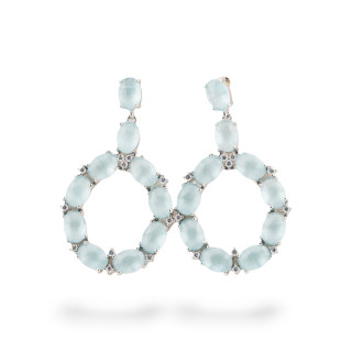 Orecchini Di Bronzo A Perno Con Occhio Di Gatto Incastonato Ovale Con Zirconi 25,5x42mm Rodiato Acqua