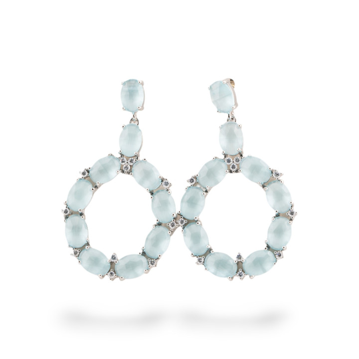 Orecchini Di Bronzo A Perno Con Occhio Di Gatto Incastonato Ovale Con Zirconi 25,5x42mm Rodiato Acqua