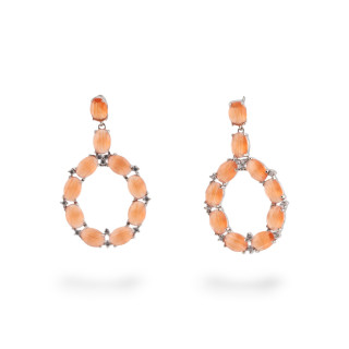 Orecchini Di Bronzo A Perno Con Occhio Di Gatto Incastonato Ovale Con Zirconi 25,5x42mm Rodiato Arancio