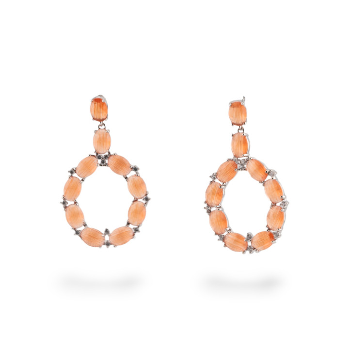 Orecchini Di Bronzo A Perno Con Occhio Di Gatto Incastonato Ovale Con Zirconi 25,5x42mm Rodiato Arancio