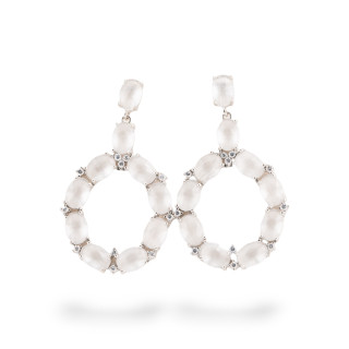 Orecchini Di Bronzo A Perno Con Occhio Di Gatto Incastonato Ovale Con Zirconi 25,5x42mm Rodiato Bianco