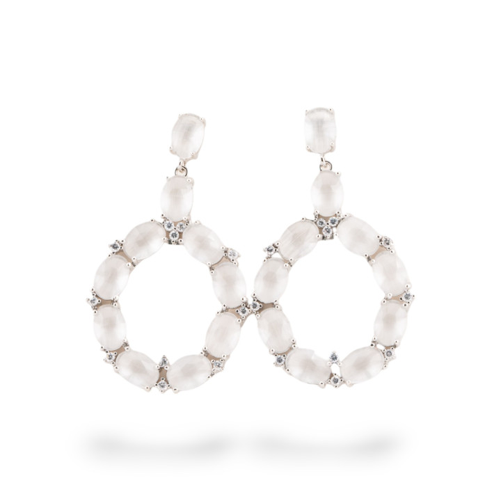 Orecchini Di Bronzo A Perno Con Occhio Di Gatto Incastonato Ovale Con Zirconi 25,5x42mm Rodiato Bianco