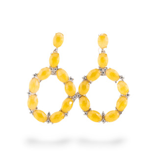 Orecchini Di Bronzo A Perno Con Occhio Di Gatto Incastonato Ovale Con Zirconi 25,5x42mm Rodiato Giallo