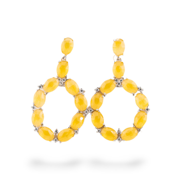 Orecchini Di Bronzo A Perno Con Occhio Di Gatto Incastonato Ovale Con Zirconi 25,5x42mm Rodiato Giallo