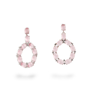 Orecchini Di Bronzo A Perno Con Occhio Di Gatto Incastonato Ovale Con Zirconi 25,5x42mm Rodiato Rosa