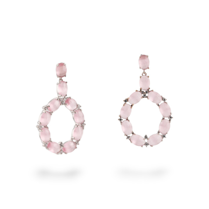 Orecchini Di Bronzo A Perno Con Occhio Di Gatto Incastonato Ovale Con Zirconi 25,5x42mm Rodiato Rosa