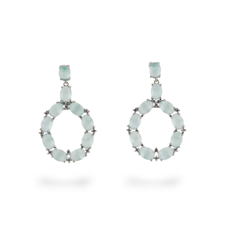 Orecchini Di Bronzo A Perno Con Occhio Di Gatto Incastonato Ovale Con Zirconi 25,5x42mm Rodiato Verde Acqua