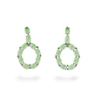 Orecchini Di Bronzo A Perno Con Occhio Di Gatto Incastonato Ovale Con Zirconi 25,5x42mm Rodiato Verde Chiaro