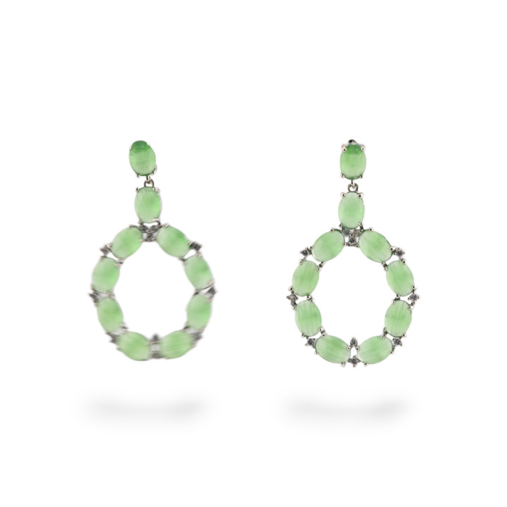 Orecchini Di Bronzo A Perno Con Occhio Di Gatto Incastonato Ovale Con Zirconi 25,5x42mm Rodiato Verde Chiaro