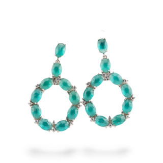 Orecchini Di Bronzo A Perno Con Occhio Di Gatto Incastonato Ovale Con Zirconi 25,5x42mm Rodiato Verde Smeraldo