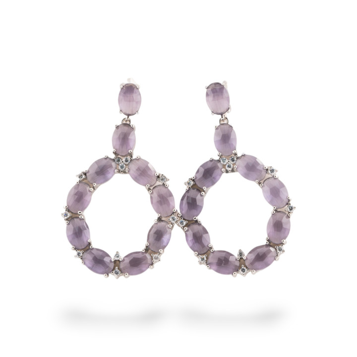 Orecchini Di Bronzo A Perno Con Occhio Di Gatto Incastonato Ovale Con Zirconi 25,5x42mm Rodiato Viola